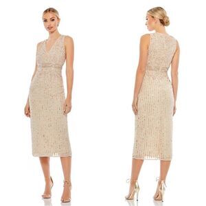 Mac Duggal Nude Sequined Sleeveless V-neck Midi Sheath Dress size 2 70267 NWT